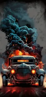 Vintage car in fiery explosion with dramatic smoke.