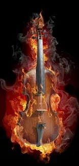 Violin engulfed in vibrant flames against a black background.