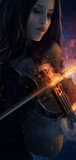 Fantasy art of a woman playing a glowing fiery violin against a dark background.