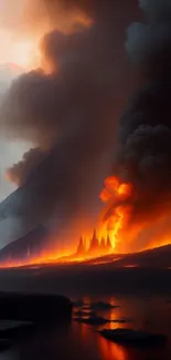 Volcanic eruption with lava and smoke, creating a fiery landscape.