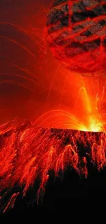 Fiery volcano with glowing planet wallpaper.