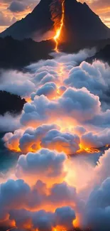 Fiery volcanic eruption with glowing clouds in the sky.