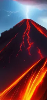 Volcano eruption with fiery lava and lightning under a dramatic sky.