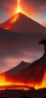 A volcano erupts with lava flows at dusk, creating a fiery landscape.