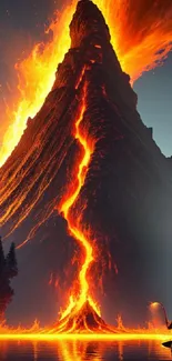 Fiery volcano eruption wallpaper with vibrant lava and nature.