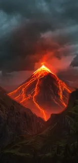 A vibrant volcanic eruption with vivid red-orange lava under dark stormy clouds.