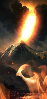 Dramatic volcanic eruption with fiery lava and dark clouds.