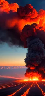 Volcanic eruption with fiery smoke and lava flow at twilight sky.