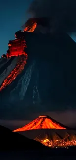 Mobile wallpaper of a volcanic eruption with glowing lava at night.