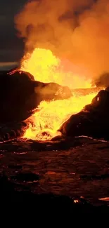 Vivid mobile wallpaper of a volcanic eruption with molten lava at night.