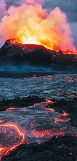 Vibrant wallpaper of a fiery volcano eruption with glowing lava flows.