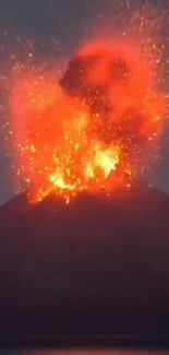 Volcano eruption with fiery lava against the night sky.