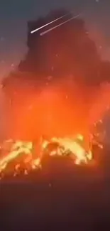 Vivid orange volcano eruption scene with flames and ash.