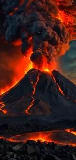 Volcano erupting with lava and smoke under a dark sky.
