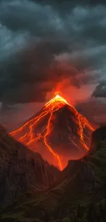 Fiery volcanic eruption under stormy skies, vibrant mobile wallpaper.