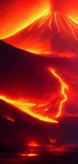 Fiery erupting volcano with lava flow, bright orange-red hues.