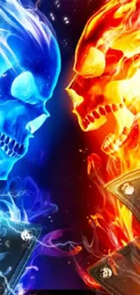 Fiery and icy skulls in vivid clash wallpaper.