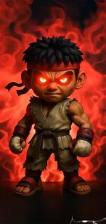 Cartoon warrior with glowing eyes and fiery red background.