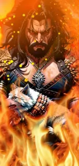 Fantasy warrior in flames with wolf.