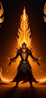 Epic fantasy warrior engulfed in vibrant orange flames on a dark background.