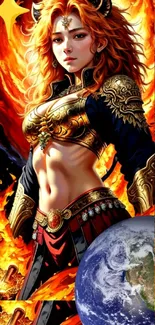 Fantasy warrior with fiery flames and earth elements in vibrant colors.