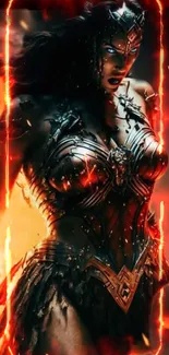 Fiery warrior in armor surrounded by flames on a mobile wallpaper.