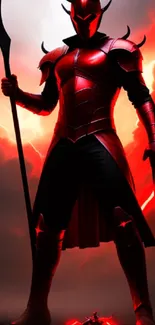 Powerful warrior in red armor with fiery background.