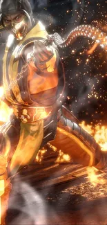 Warrior in combat pose with fiery background.