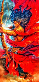 Warrior with fiery red cape and bow in battle stance, intense and dynamic.