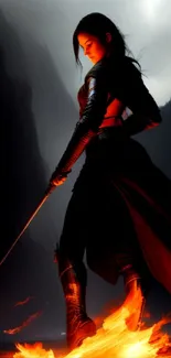 Fiery female warrior with a flaming sword in a dark landscape.