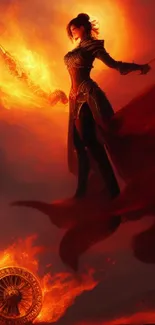 Fiery warrior standing in glowing red aura with flames surrounding.