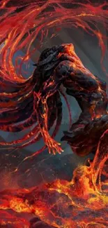 Fiery character engulfed in lava, dynamic and vibrant mobile wallpaper design.