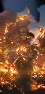 Anime warrior surrounded by fiery flames and powerful energy waves.