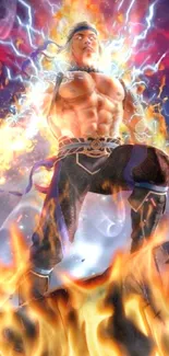 Warrior engulfed in flames with dynamic energy background.