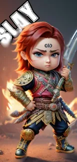 Animated warrior with sword and flame background, captioned 'Slay'.