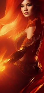 Fiery warrior with flowing red hair and glowing armor in a dramatic pose.