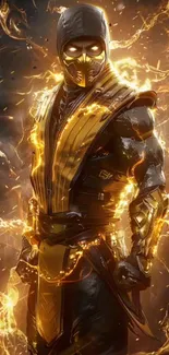 Fiery warrior in golden armor amid flames on mobile wallpaper