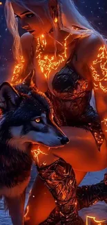 Fiery female warrior with a wolf in glowing fantasy art.