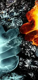 Fiery and icy fist clash wallpaper with dark tones.