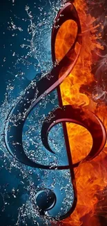 Dynamic music note with fiery water contrast wallpaper.