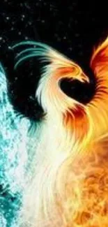 Vibrant phoenix merging with fire and water, showcasing elemental art.