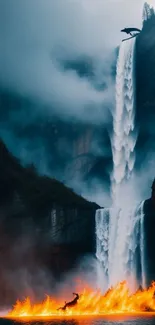 Dynamic waterfall with fire elements and a leaping dolphin.