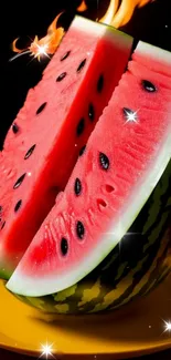 Fiery watermelon slices with sparkling effects on a vibrant background.