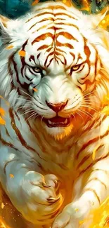 A majestic white tiger surrounded by vibrant flames in a dynamic digital art style.