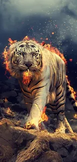 White tiger with flames in dramatic wallpaper.