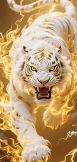 White tiger engulfed in golden flames.