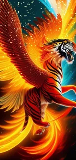 Fiery winged tiger with vivid orange and yellow hues in a dynamic, artistic design.