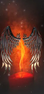 Metallic wings embracing a fiery candle flame in a dark mystic scene.