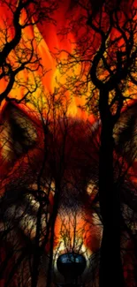 Majestic wolf silhouette in flaming forest background.