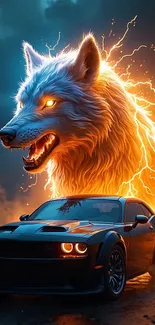 Fiery wolf and car in electrifying scene.